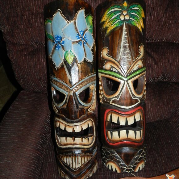Hand Crafted Polynesian Hawaiian Style Floral Painted Tiki Masks 2pc🆕📦🏃🏻💨🚚 - Picture 7 of 16